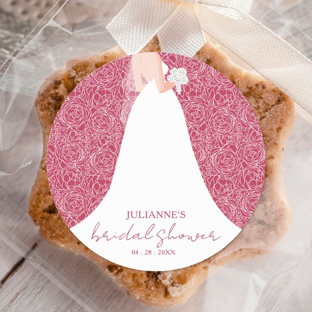 Braut in Wedding Dress Magenta Brautparty Runder Aufkleber (Von Creator hochgeladen)