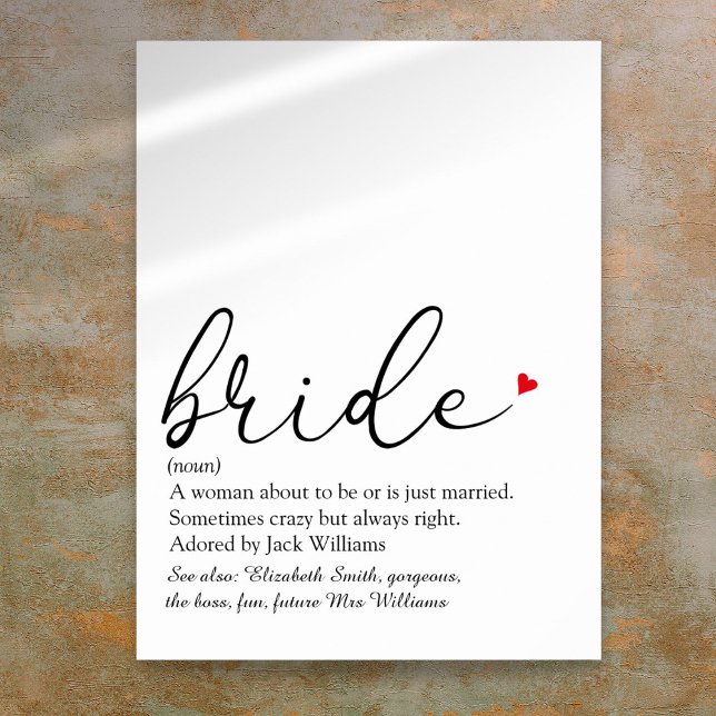 Braut-Skript-Definition Brautparty-Schild Poster (Script Bride Definition Bridal Shower Sign)