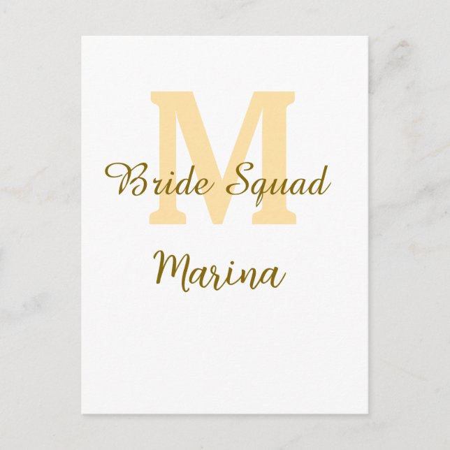 Braut-Squad-Monogramm goldene einfache Brautparty  Postkarte (Vorderseite)