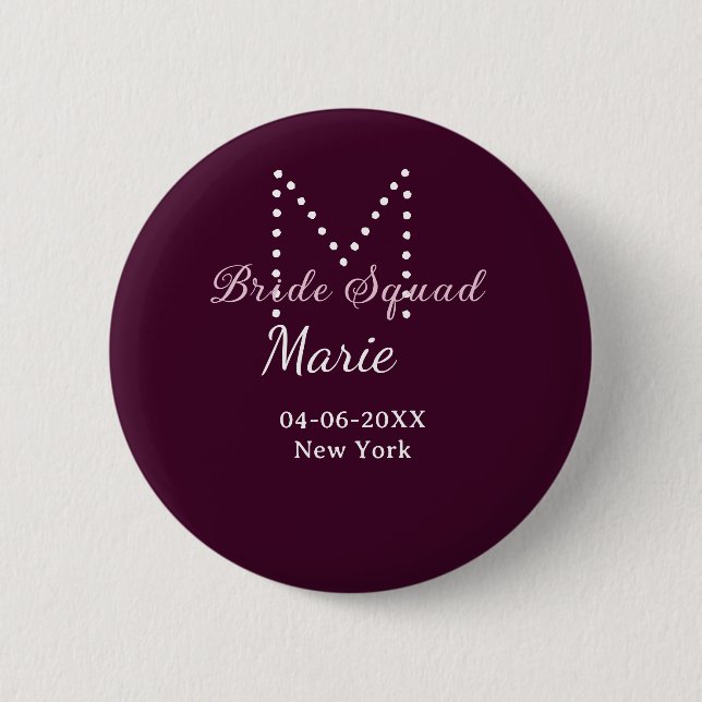 Braut-Truppe Name Monogramm Brautjungfer Mauve  Button (Vorderseite)
