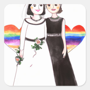 Braut und Braut Lesbisches Regenbogenherz Quadratischer Aufkleber