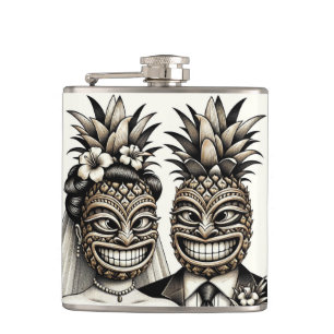 Braut und Bräutigam Aloha Ananas Tiki Kopf Hochzei Flachmann