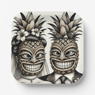 Braut und Bräutigam Aloha Ananas Tiki Kopf Hochzei Pappteller