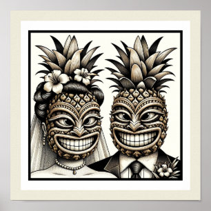 Braut und Bräutigam Aloha Ananas Tiki Kopf Hochzei Poster