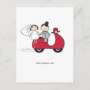 Braut und Bräutigam auf dem roten Roller. Hochzeit Postkarte