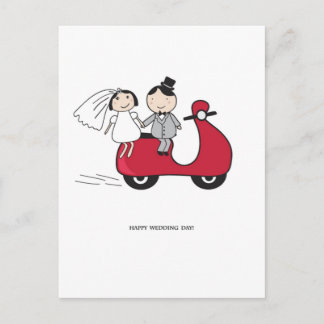 Braut und Bräutigam auf dem roten Roller. Hochzeit Postkarte