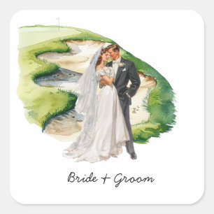 Braut und Bräutigam Golfer Hochzeit auf Golfplatz Quadratischer Aufkleber