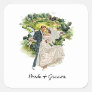 Braut und Bräutigam Golfer Hochzeit auf Golfplatz Quadratischer Aufkleber