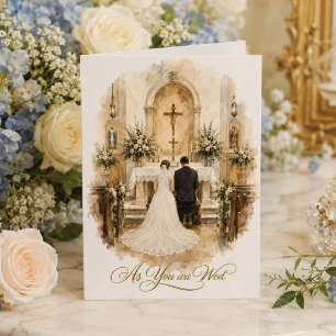 Braut und Bräutigam knien am Altar Hochzeit Karte