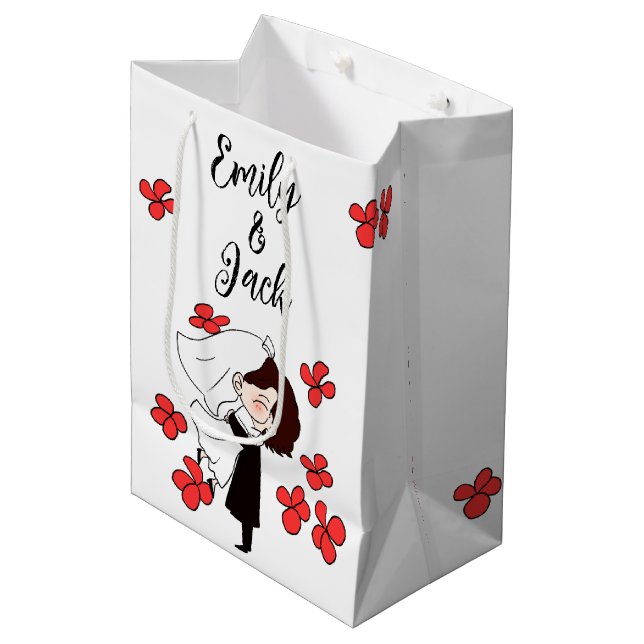 Braut und Bräutigam mit roten Blume Mittlere Geschenktüte (Vorderseite Schrägansicht)