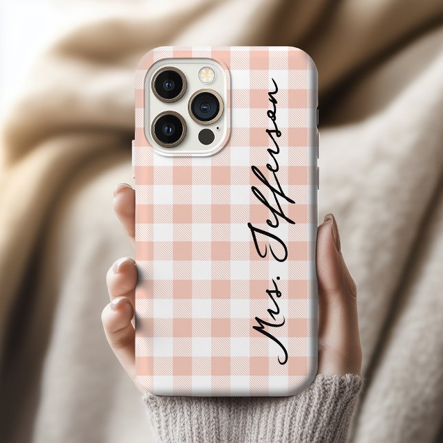 Braut und Bräutigam passend Pfirsich-Kariert-Handy Case-Mate iPhone Hülle (Personalized Peach Gingham iPhone Case Wedding Gift for Bride and Groom or Husband and Wife)