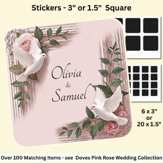 Braut- und Bräutigamnamen Tauben und rosa Rosen Quadratischer Aufkleber