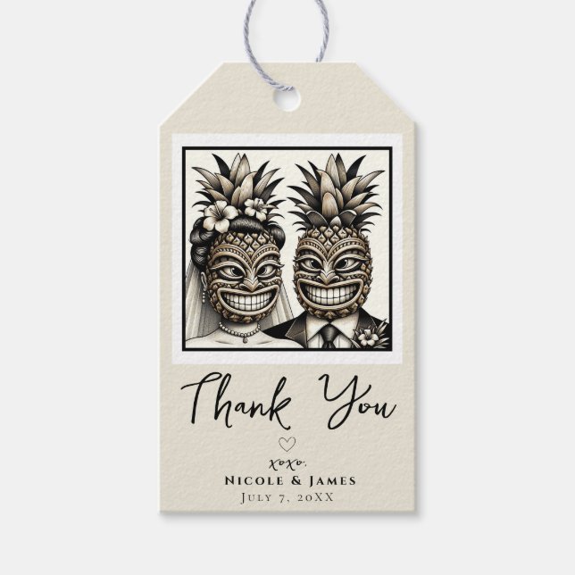 Braut und Groom Aloha Pineaple Tiki Kopfhochzeit Geschenkanhänger (Vorderseite)