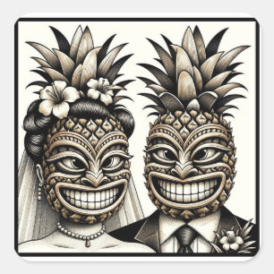 Braut und Groom Aloha Pineaple Tiki Kopfhochzeit Quadratischer Aufkleber