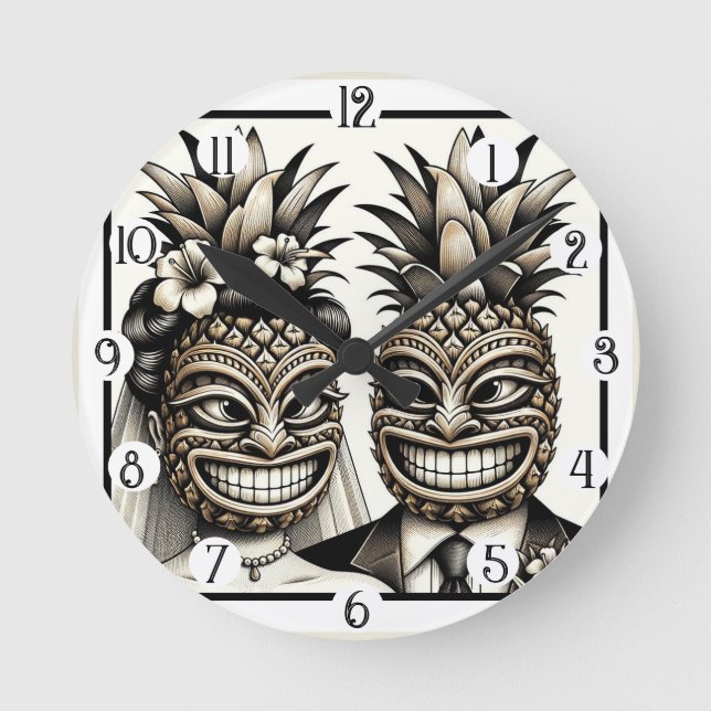 Braut und Groom Aloha Pineaple Tiki Kopfhochzeit Runde Wanduhr (Vorderseite)