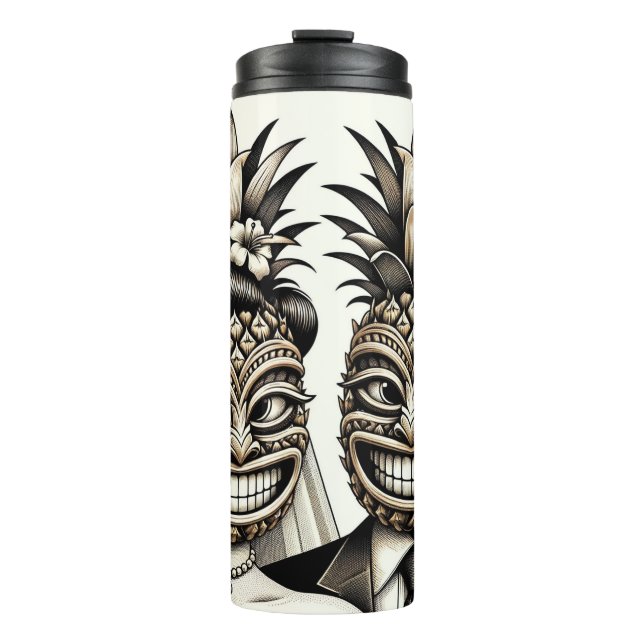 Braut und Groom Aloha Pineaple Tiki Kopfhochzeit Thermosbecher (Vorderseite)