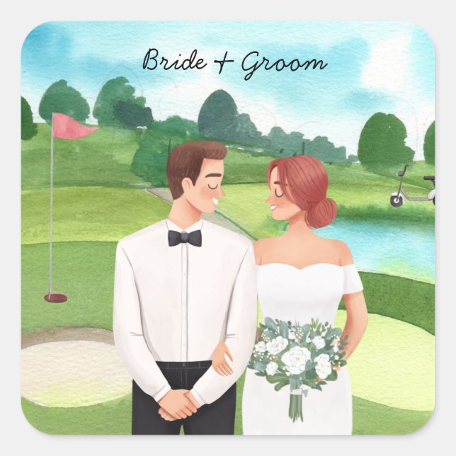 Braut und Groom Golfer Hochzeit im Golfplatz Quadratischer Aufkleber (Vorderseite)