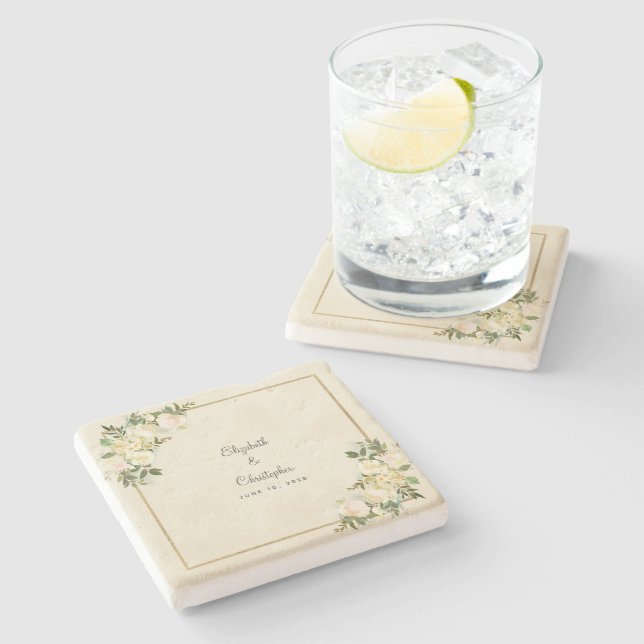 Braut und Groom Hochzeit Elegante Rose Flora Ecru Steinuntersetzer (Seitenansicht)