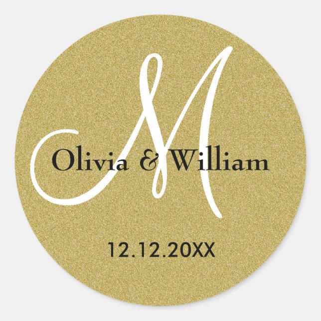 Braut und Groom Monogram Gold Glitzer Hochzeit Runder Aufkleber (Vorderseite)