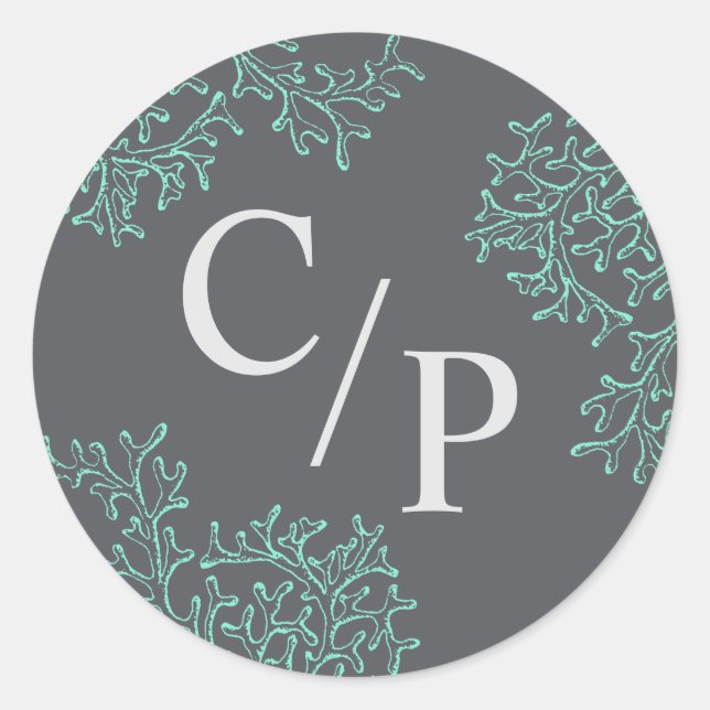 Braut und Groom Monogramm Hochzeit mit Seekorallen Runder Aufkleber (Vorderseite)