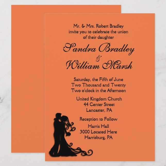 Braut und Groom Orange Einladung (Vorne/Hinten)