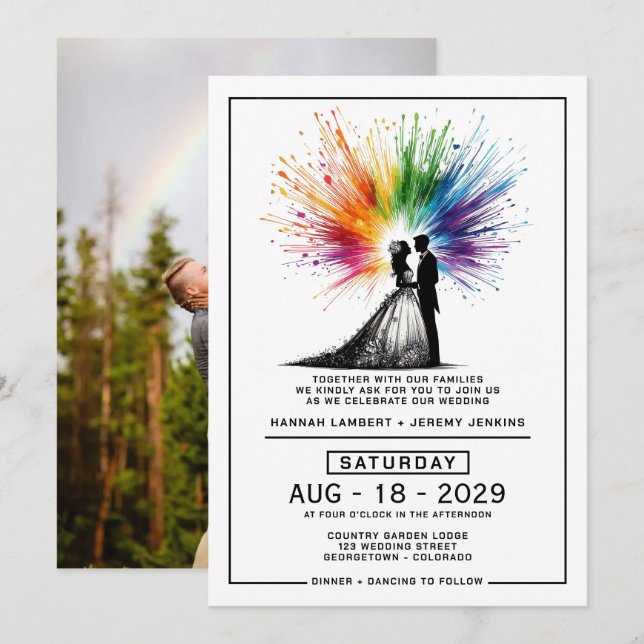 Braut und Groom Rainbow Burst Wedding Einladung (Vorne/Hinten)