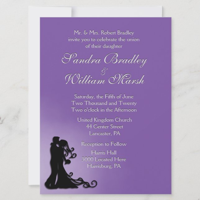 Braut und Groom Royal Lila Wedding Einladung (Vorderseite)