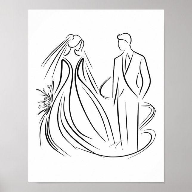 "Braut und Groom Wedding Line Kunst Schwarz und We Poster (Vorne)