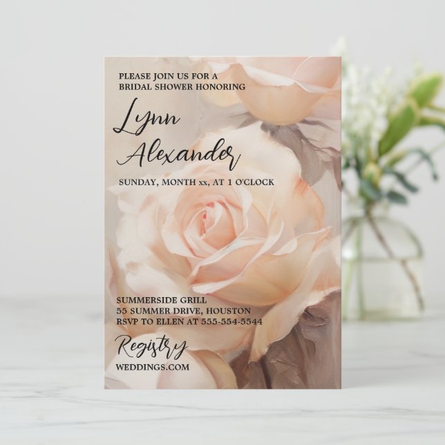 Brautdusche Einladung Elegante weiche Sommer-Rose (Stehend Vorderseite)