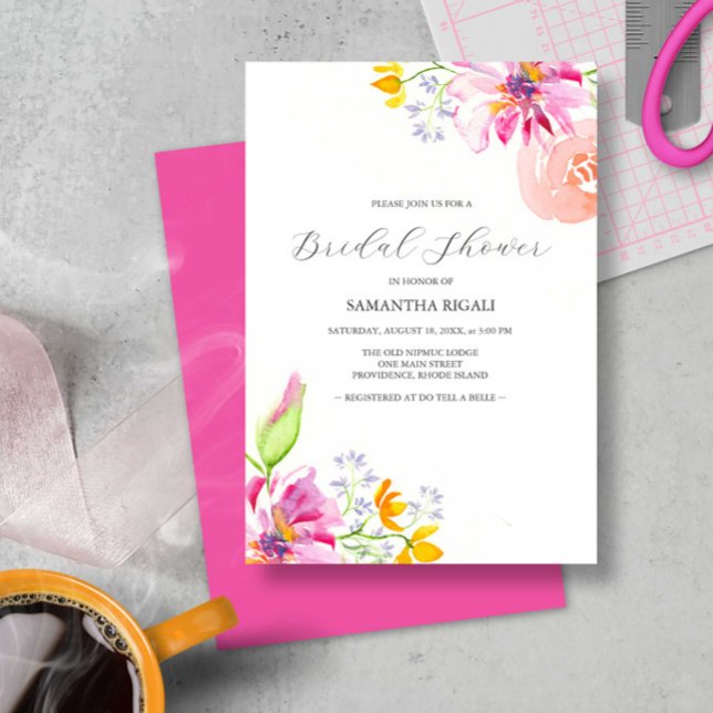 Brautdusche Einladungen Lebhaft Rosa Blütenbraun (Bridal shower invitations feature colorful watercolor flowers by Victoria Grigaliunas)
