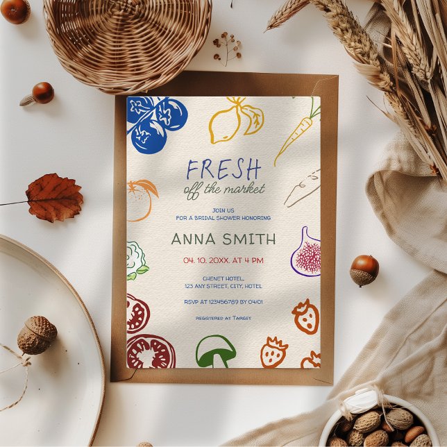 Brautdusche frisch vom Markt Einladung (Fresh off the market hand drawn bridal shower invitation colorful farmer's market cute aesthetic)