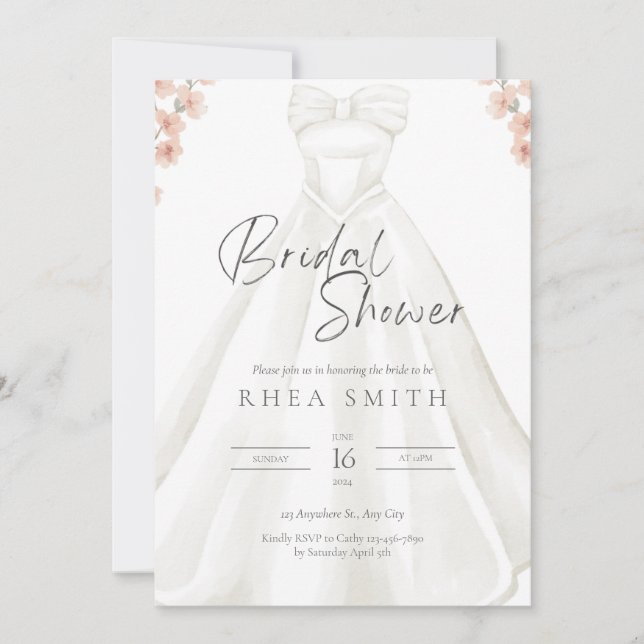 Brautdusche Hochzeitskleid Rosa Blumenbraun Einlad Einladung (Vorderseite)