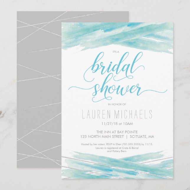 Brautdusche, Wasserfarbe, Blau, Silber Einladung (Vorne/Hinten)