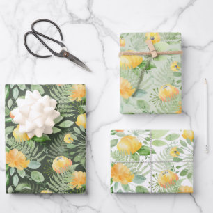 Brautgelbe Pfingstrosen und grüne Farne Geschenkpapier Set