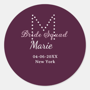 Brautgruppe Name Monogramm Brautjungfer Mauve Runder Aufkleber