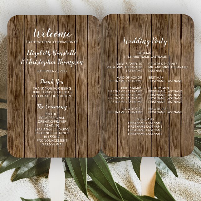 Brautholz-Hochzeitsprogramm für rustikale Kalligra Fächer (Von Creator hochgeladen)