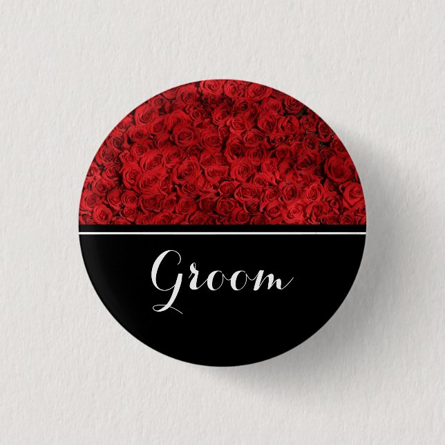 Bräutigam-Hochzeits-Rote Rosen Button (Vorderseite)