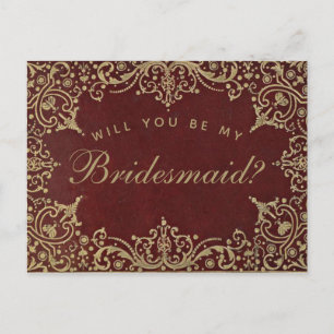 Brautjungfer Antrag Elegant Vintage Gold Burgunder Postkarte