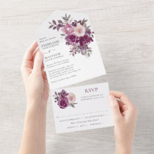 Brautjungfer Burgunder-Rosa Floral-Hochzeit All In One Einladung