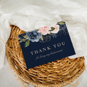 Brautjungfer-Dankeskarten mit Navy-Blush-Blumenmot Einladungspostkarte