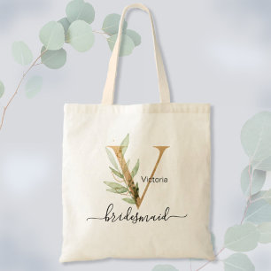Brautjungfer Goldblatt Grünzeug Monogramm "V" Tragetasche