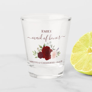 Brautjungfer Hochzeit Burgunder-Rosa Rosen Elegant Schnapsglas