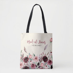 Brautjungfer im burgunderfarbenen floralen Skript- Tasche
