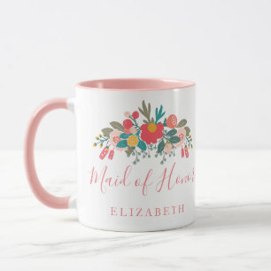 Brautjungfer mit Namen Pink Floral Bouquet Tasse