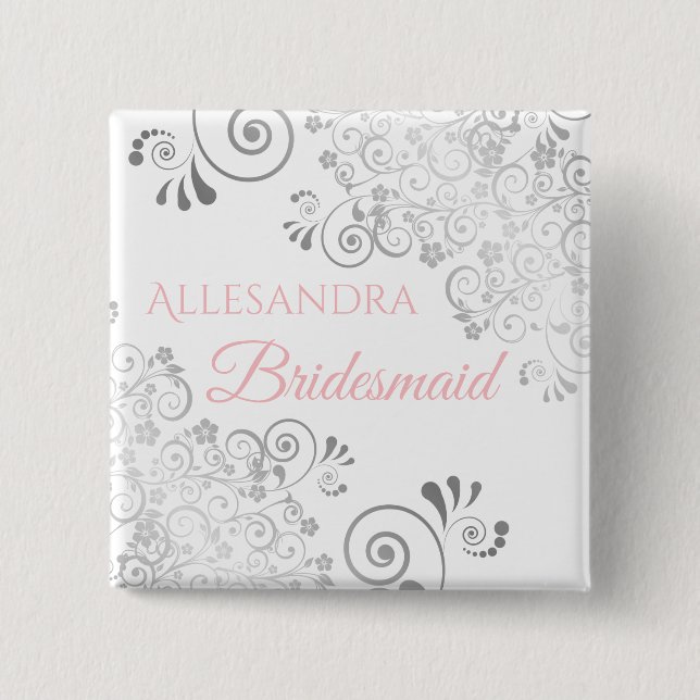 Brautjungfer Namensschild Rosa & Grau Button (Vorderseite)
