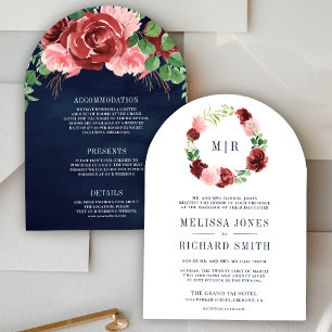 Brautjungfer Rosa Burgunder Blumen Navy Blau Hochz Einladung