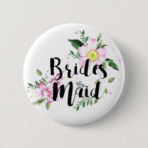 Brautjungfer Rosa Florale Wasserfarben Hochzeit Button