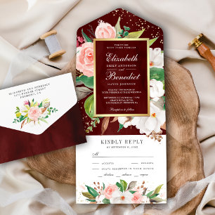 Brautjungfer Rosa Weiße Magnolie Florale Burgunder All In One Einladung