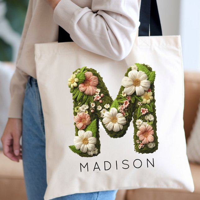 Brautjungfer | Rustikales Gartenmonogramm Mutterta Tragetasche (Faux Embroidery Floral Letter Tote for Teacher Gift | Rustic Garden Monogram Tote Bag Gift for Bride)