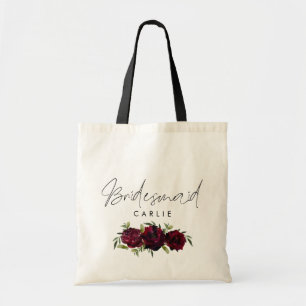 Brautjungfer Schriftzug Burgunderrosen Floral Tragetasche
